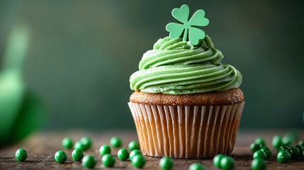 A vibrant St. Patrick's Day cupcake with green frosting and a clover topper, ideal for festive designs, party invitations, or food blog features celebrating Irish culture.