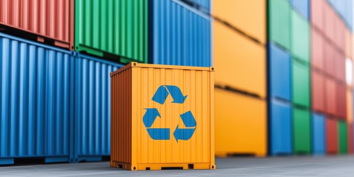 Recycle eco-friendly renewal concept. A vibrant orange recycling container stands in front of colorful shipping containers, emphasizing sustainability and eco-friendliness in a modern setting.