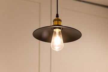 A light bulb is lit up in a black lampshade