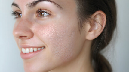 Fototapeta premium Close-up portrait of a woman with glowing clear skin showcasing her natural beauty in a softly lit indoor setting