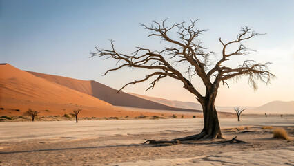 Dramatic Desert Landscape with a Solitary Dead Tree and Cracked Earth at Sunset