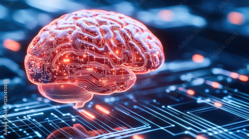 Poster a digital representation of a brain overlaid on a circuit board, symbolizing the intersection of neu
