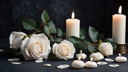 "White Candle with Roses and Flower Petals: Funeral Memorial, Sympathy, and Condolence Card for Death Notice"