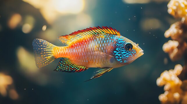 Vibrant Apistogramma Agassizii swims in aquatic environment