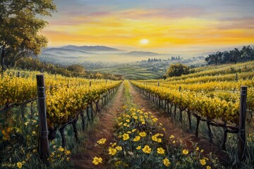 Sonoma Sunrise: A Beautiful Winery Landscape with Chardonnay Vineyards and Wild Mustard