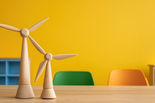 Recycle eco-friendly renewal concept. Two wooden wind turbine models are displayed on a table against a vibrant yellow wall, surrounded by colorful chairs, creating a lively atmosphere.