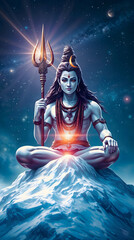 Lord Shiva is sitting in meditation atop a snow-capped mountain Mount Kailash, holding a glowing trident. Cosmic background with starry sky
