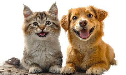 Obraz premium A cat and a dog are lying on the ground