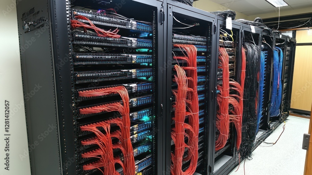 Poster network server racks filled with extensive cabling