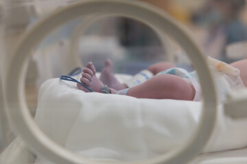 A newborn baby's feet are visible in a hospital incubator.