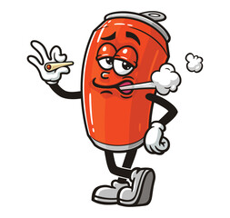 Soda Can character mascot cartoon is smoking