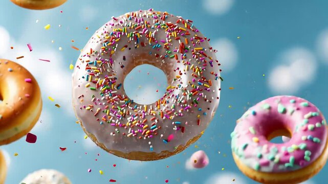 Colorful sprinkled donuts floating against a blue sky backdrop.