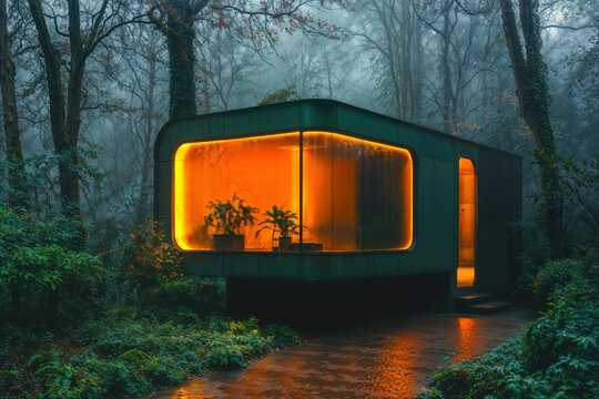 Modern Forest Retreat with a Warm, Glowing Interior