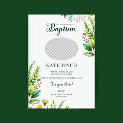 Hand drawn floral baptism poster. greenery baptism  invitation design with floral and watercolor