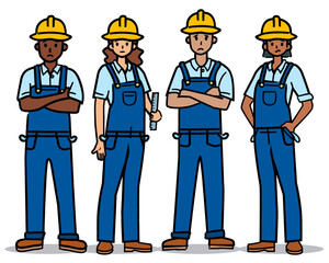 Obreros trabajadores, de cuerpo entero, 2 hombres y 2 mujeres, con los bolsillos vacíos, con caras tristes e impotencia debido a la desigualdad, falta de oportunidades y explotación laboral. 