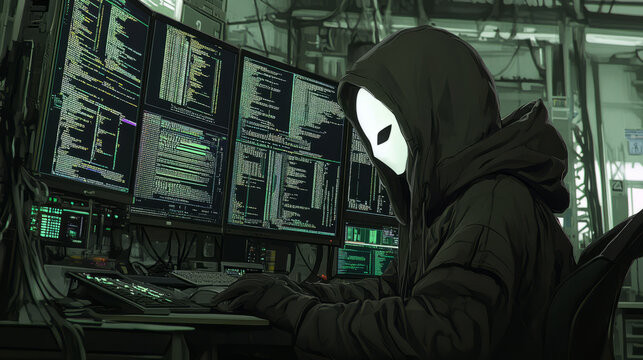 Hacker in hoodie dark theme. Computer hacker wearing hooded shirt using computer.Hacker stealing passwords cyber crime