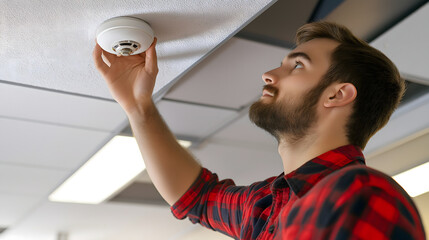 A skilled technician is setting up a smoke detector within the office environment to improve overall safety and security measures effectively