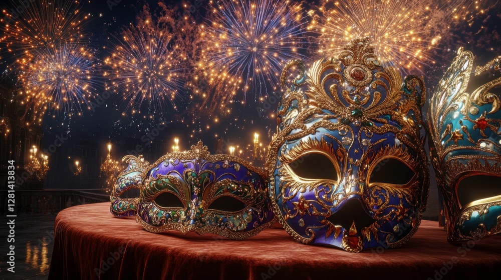 Poster colorful masks on a table with a backdrop of vibrant fireworks, creating a festive and enchanting at