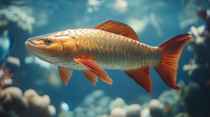 Fototapeta premium Golden fish swims in an aquarium, with coral and plant life in the backdrop