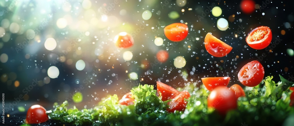 Poster fresh salad with falling tomato slices on a black background in a dynamic food photography style wit