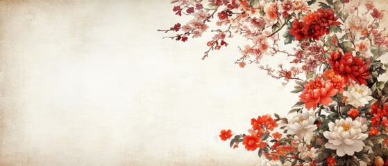 Elegant Japanese floral arrangement with sakura and chrysanthemums over a vintage textile background