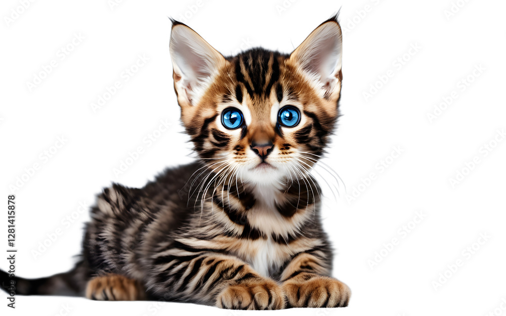 Poster a curious bengal kitten with bright blue eyes exploring, isolated on a empty plain background