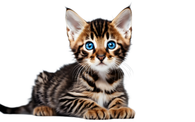 A curious Bengal kitten with bright blue eyes exploring, isolated on a empty plain background