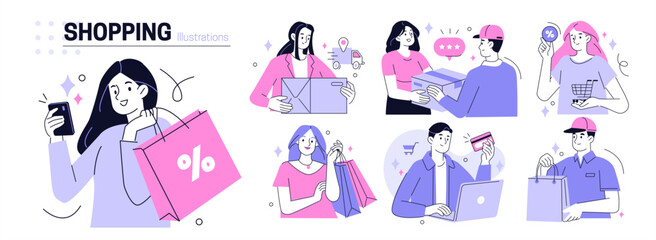 Shopping and delivery set. Characters buy online, purchase by credit card, receive parcel. Ecommerce, internet marketing, retail concept. Vector illustration.