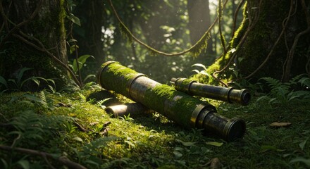 Obraz premium Forgotten optics, moss-covered spyglass in jungle, lost exploration tool
