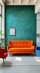 Modern Living Room with Orange Sofa and Teal Wall