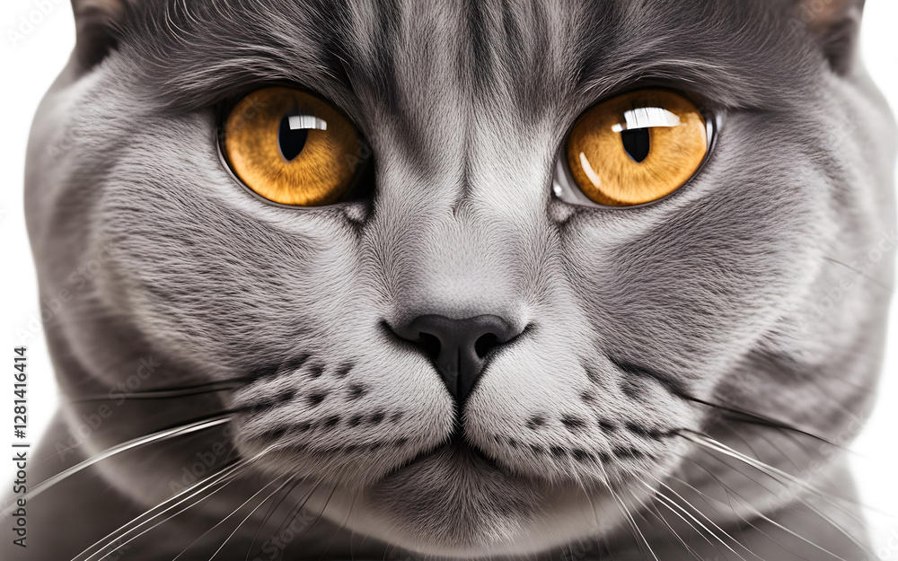 Poster a cute british shorthair cat with round eyes staring, isolated on a empty plain background