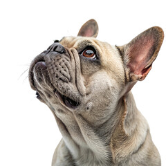 Close-up of an old french bulldog looking up isolated on a transparent background