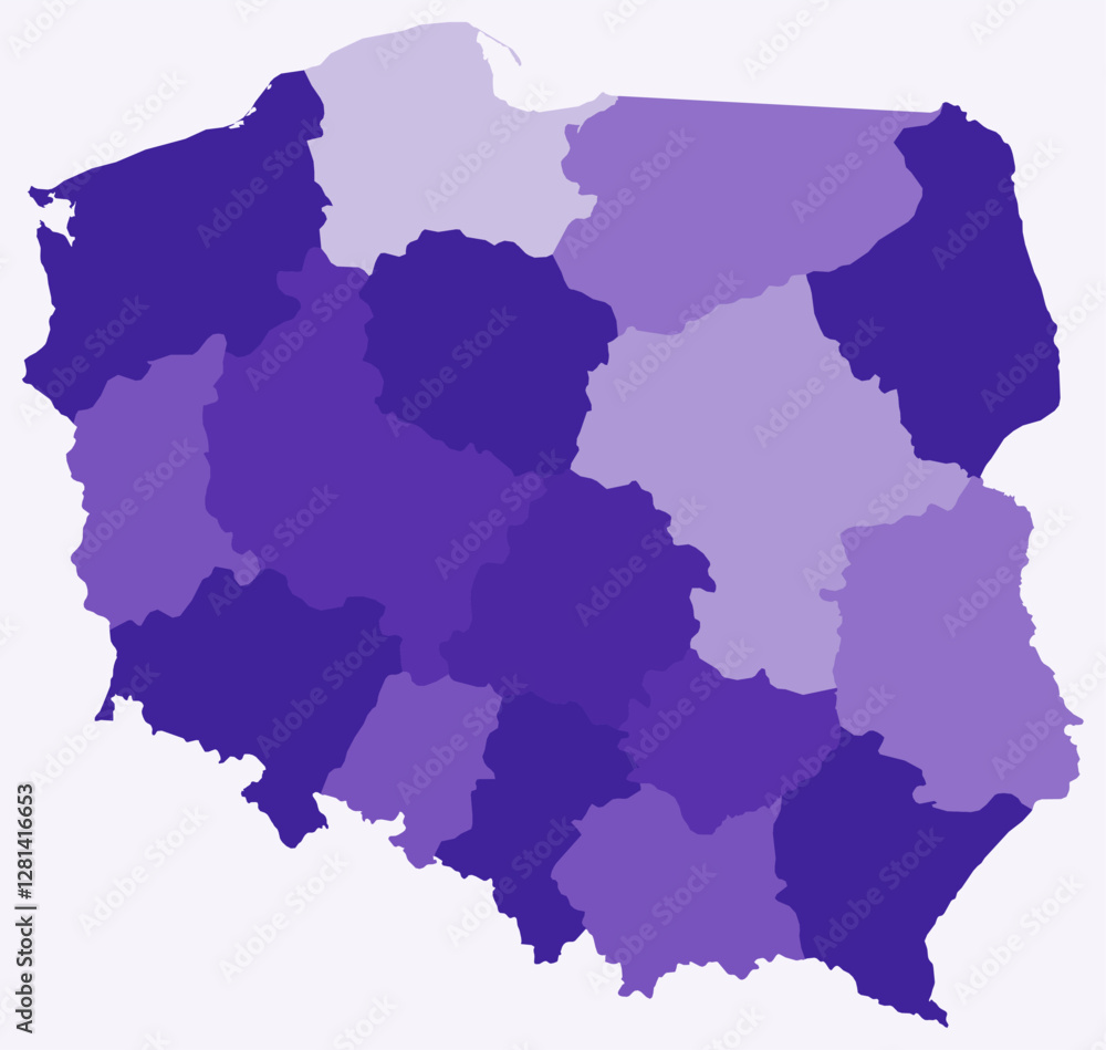 Poster map of poland with regions. just a simple country border map with region division. deep purple color