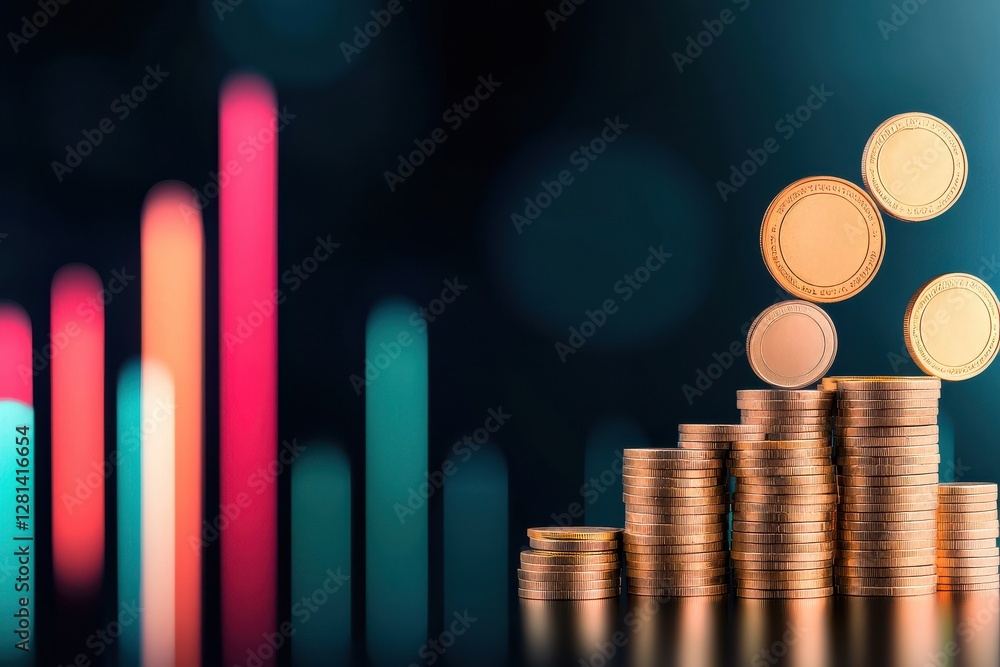 Aufkleber a stack of shiny coins with a colorful financial chart in the background, symbolizing growth and inv