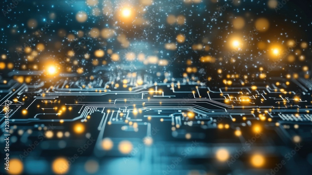 Poster abstract close-up of a circuit board with glowing lights and particles, illustrating technology
