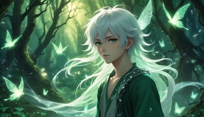 A young elven male with glowing butterflies in the forest
