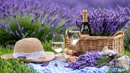 Romantic picnic features wine, vintage chairs, and flowers in a serene lavender field, reflecting the beauty of nature and love