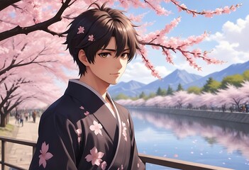 Fototapeta premium Young Man Enjoying Blossoms in the Beautiful Cherry Blossom Season