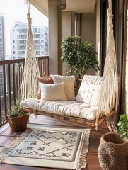 Comfortable bohemian style swing set located on a balcony setting