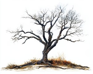 Lonely Tree in Winter: An Isolated, Leafless Silhouette Against a White Background