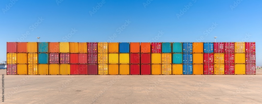 Poster a colorful array of shipping containers stacked neatly against a clear blue sky, showcasing vibrant 