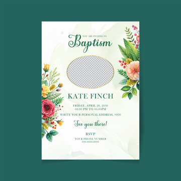 Hand drawn floral baptism poster. greenery baptism  invitation design with floral and watercolor