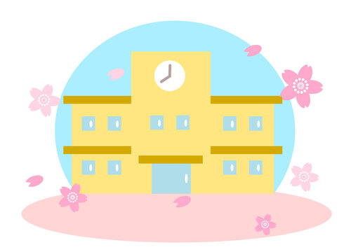 桜の中の学校校舎