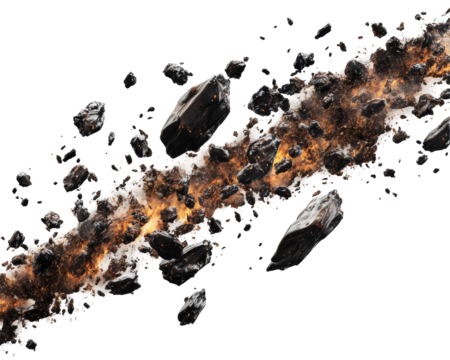 Cosmic Explosion of Rocks and Debris in a Stellar Environment with Glowing Particles on Transparent Background