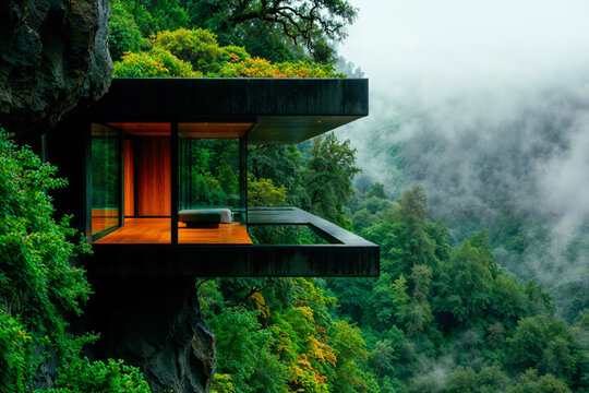 Modern Cliffside Retreat with Panoramic Forest Views