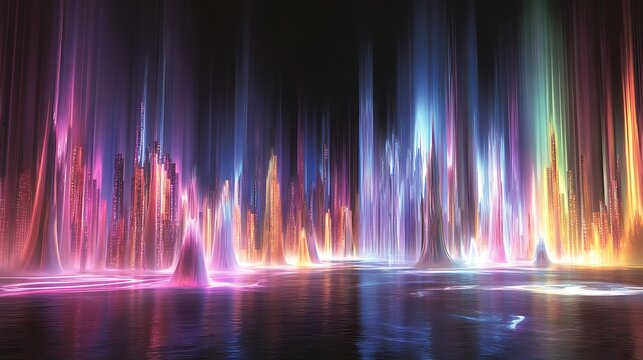 Neon Cityscape Illuminated by Vibrant Light Pillars