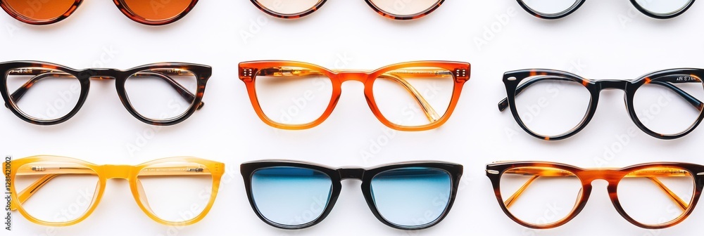 Poster Stylish and colorful collection of eyeglasses displayed on a clean surface in bright lighting. Generative AI