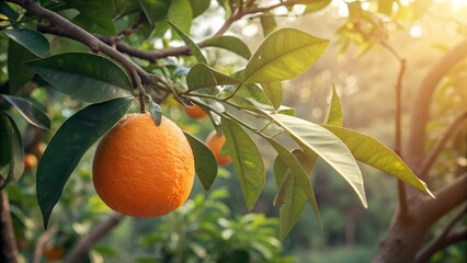 Golden Citrus Orchard: A single, ripe orange hangs gracefully on a branch of a sun-dappled citrus tree, its vibrant color contrasting beautifully with the lush green leaves.