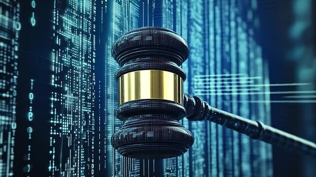 Digital Justice Gavel before binary code background