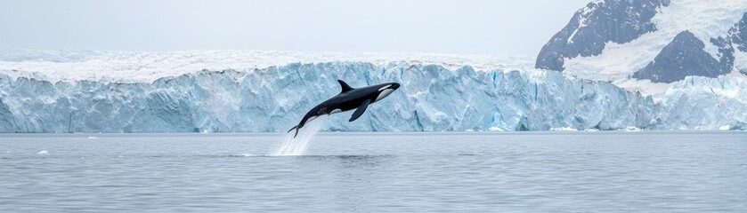 Fototapeta premium Majestic Orca Whale Leaping from Calm Sea near Stunning Glacial Landscape in Alaska